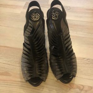 Bcbg heels, silver metallic and black